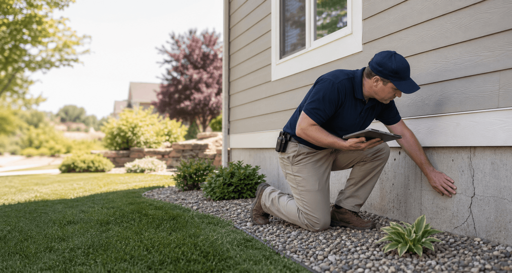 Foundation repair contractor inspecting a home foundation